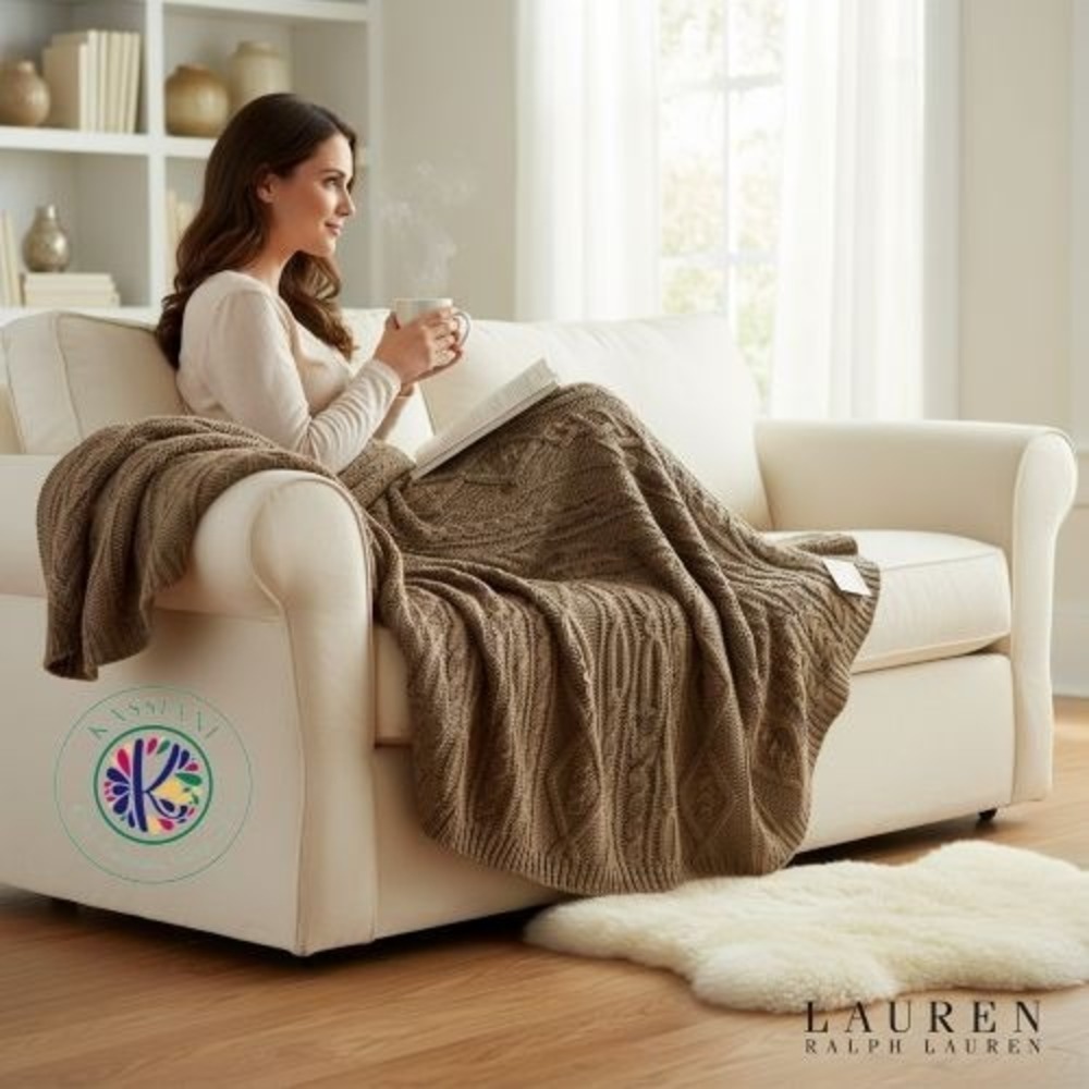 Lauren Ralph Lauren Cable Knit Camel Throw Blanket 50"x70" Acrylic Handcrafted